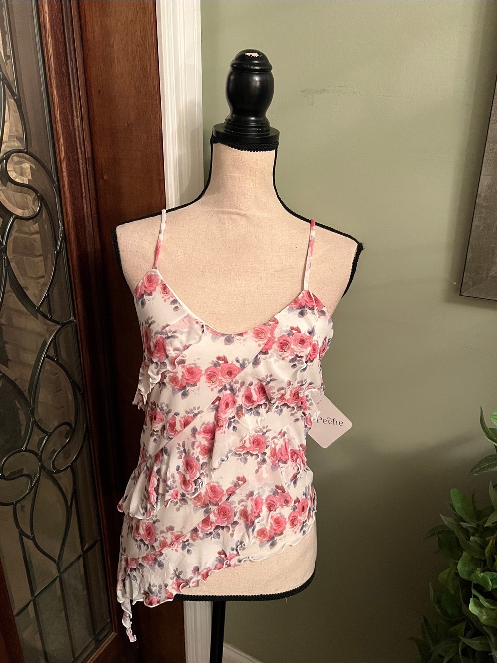 Petite Floral Ruffle Spaghetti-Strap Camisole in White and Pink